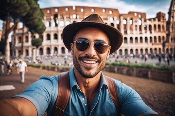 Ein junger hübscher Mann macht ein Selfie von sich. Er trägt Freizeitkleidung eine Kopfbedeckung und eine Sonnenbrille. Im Hintergrund ist Rom und das Kolosseum. - obrazy, fototapety, plakaty