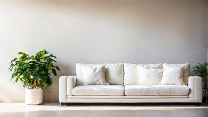 Fototapeta na wymiar White sofa and potted houseplant against concrete wall. Minimalist home interior design of modern living room, panorama