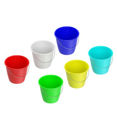 3D rendering illustration of some plastic buckets with metallic handles