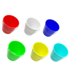 3D rendering illustration of some plastic buckets with metallic handles