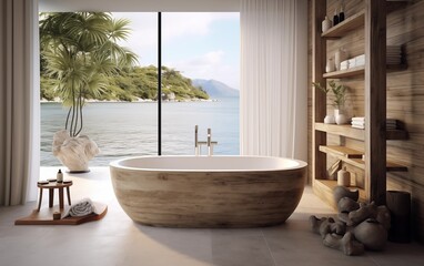 Beautiful and Luxurious Bathroom with Bathtub and Windows Offering Amazing Views of the Blue Sea