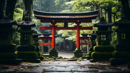 Fototapeten A traditional Japanese shrine, with torii gates leading to a sacred forest as the background, during a Shinto ceremony © CanvasPixelDreams