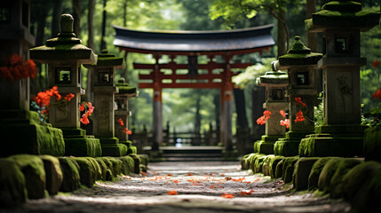 A traditional Japanese shrine, with torii gates leading to a sacred forest as the background,...