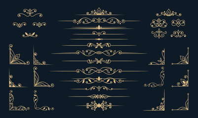 Decorative Elegant Dividers Flourishes Corner Borders Vector Engraving Collection of Decorative Symmetrical embellishment for Wedding or Certificate - 677555853