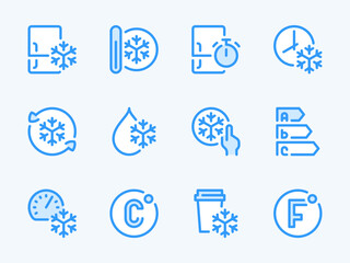 Fridge and Freezer vector line icons. Freezing and Refrigeration and outline icon set. Refrigerator, Defrosting, Temperature, Celsius, Cooling, Quality Level, Fahrenheit and more.