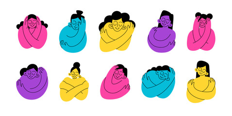 A set of Self hug, self love and self care. Woman hugging herself. Vector multicoloured characters on white background