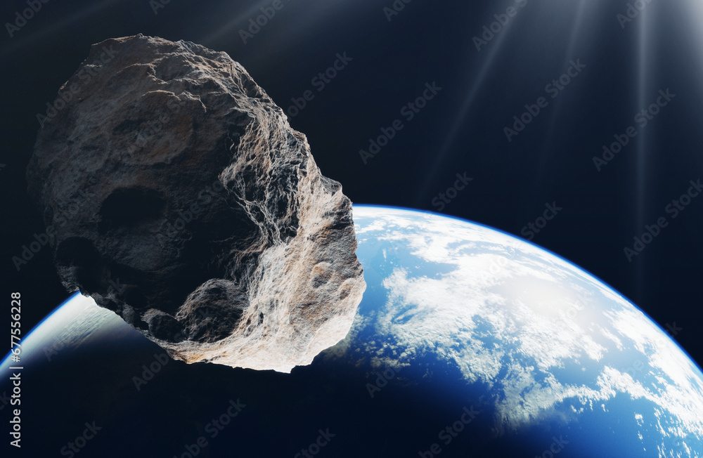 Wall mural blue earth and asteroids in the space. view of planet earth from space. elements of this image furni
