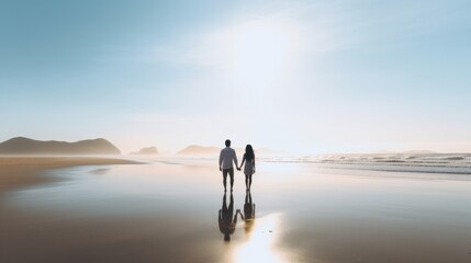 rear view of marry couple standing hand hold together watching beautiful wave and ocean against blue clear sky travel concept