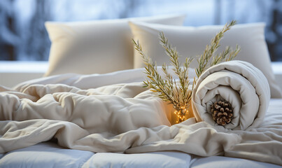 Obraz na płótnie Canvas white folded duvet lying on a white bed