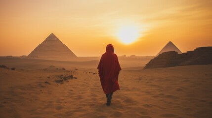 rear view woman in casual cloth walking to the sun with desert sunrise background beautiful landscape background