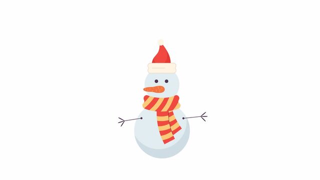 Christmas snowman waving 2D character animation. Winter spirit with scarf and santa hat flat cartoon 4K video, transparent alpha channel. Greeting animated fairytale personage on white background