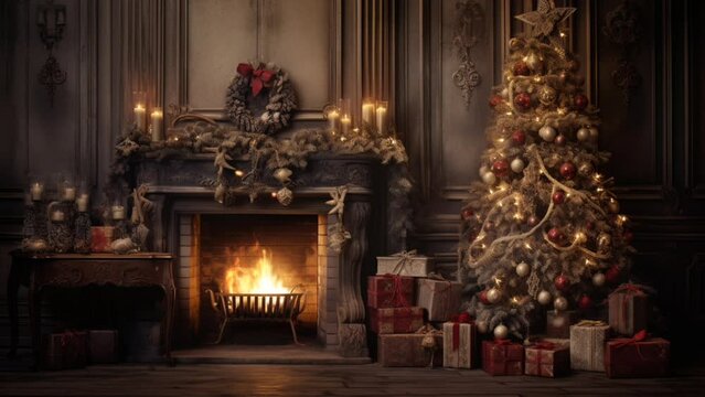 Christmas Lights Fireplace Xmas Tree Room Decor Background. Christmas decoration animated video background. Generated with AI