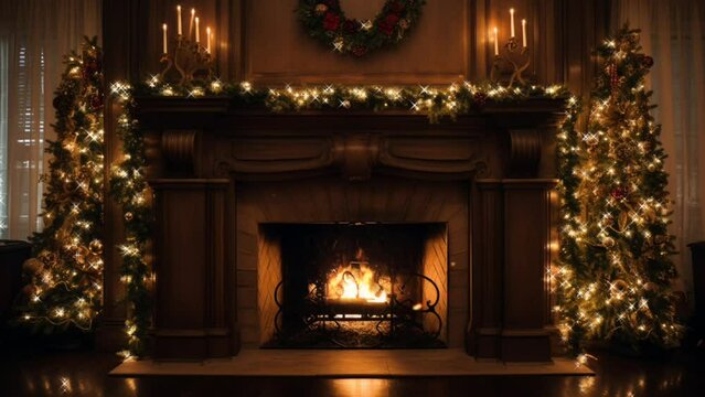 Christmas Lights Fireplace Xmas Tree Room Decor Background. Christmas decoration animated video background. Seamless looping time-lapse animation background
