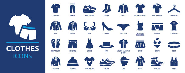 Clothes icon set. Containing shirt, pants, shoes, socks, shorts, t-shirt, dress, coat, hat, hanger and more. Solid clothing icons vector collection. - obrazy, fototapety, plakaty