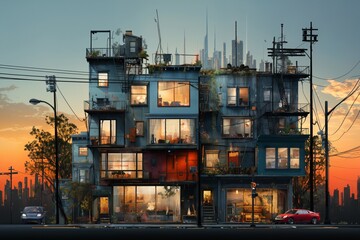 the exterior of a small low rise Asian style apartment building, a city street, a bit of a mess, light in the apartments, cars parked, a metropolis with skyscrapers in the distance and sunset - obrazy, fototapety, plakaty