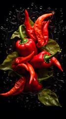 Red chili peppers with water drops on a black background