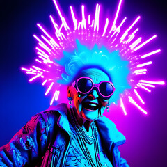 A kooky weird old woman with cybercore battle oufit laughing hysterically