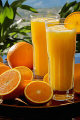 a glass of orange juice and oranges, whole and sliced, on the balcony on a bright day, a delicious refreshing drink