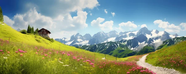  Idyllic mountain landscape in the Alps with blooming meadows in springtime. Generative Ai © Jasmina