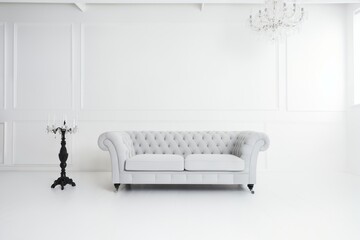 a white sofa, fashionable comfortable and stylish, by the white wall