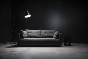 a gray sofa, fashionable comfortable and stylish, by the gray wall - obrazy, fototapety, plakaty