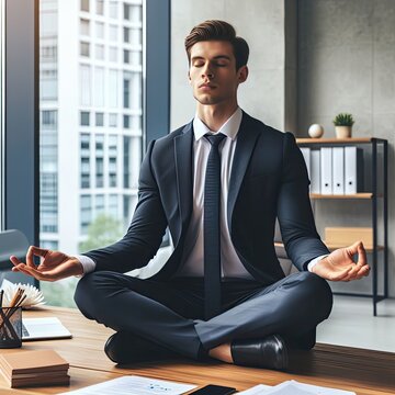 Calm and conscious man in suit meditating in office sitting doing yoga exercises at workplace, peace of mind, stress relief, States of Mind concept, generative AI