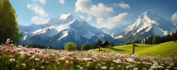 Keuken foto achterwand Aquablauw Idyllic mountain landscape in the Alps with blooming meadows in springtime. Generative Ai