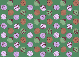 Seamless pattern with Christmas balls ona green background. Design for fabric, textile, wrapping, apparel, wallpaper. Vector illustration.