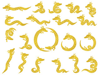 金色の小さい龍のキャラクターのシルエットイラストセット