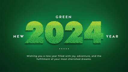 2024 Green happy new year background with grass effects. Holiday greeting card design. Vector illustration. 