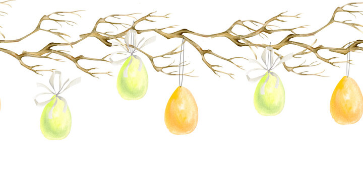 Watercolor seamless Easter banner. Hand drawn spring holiday border with bare tree branch and hanging Easter colorful eggs for card, label , packing, invitation decor. Isolated on wHite background