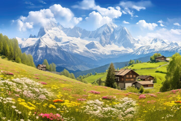 Fototapeta na wymiar Idyllic mountain landscape in the Alps with blooming meadows in springtime. Generative Ai