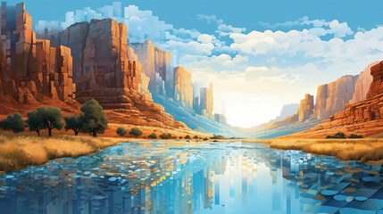 Illustration of a river with mountains in the background, beautiful art, office art decor, Generative AI