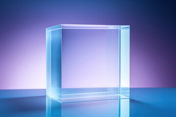 Transparent glass cube on a blue gradient background. Transparent background texture with a dream for text. Generated by artificial intelligence - obrazy, fototapety, plakaty