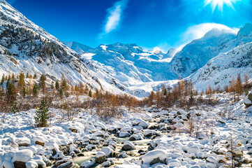 A close-up view of the Morteratsch glacier in winter, Engadin, Switzerland.
