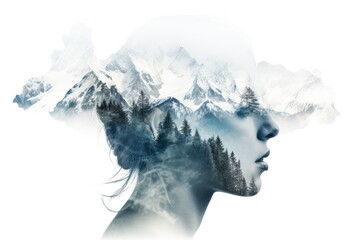 Double exposure silhouette head portrait of girl combined with photograph of mountains. - obrazy, fototapety, plakaty