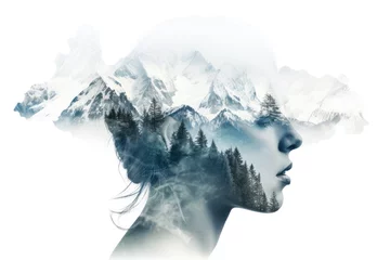 Fotobehang Double exposure silhouette head portrait of girl combined with photograph of mountains. © dashtik