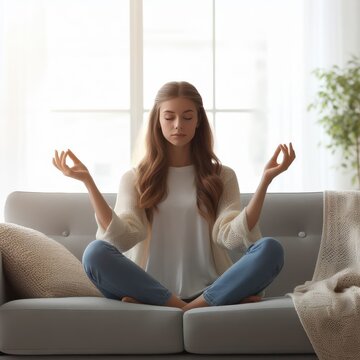 Happy woman meditating at home, Inner peace, States of Mind concept, generative ai