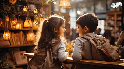 Children in the library in concept of back to school