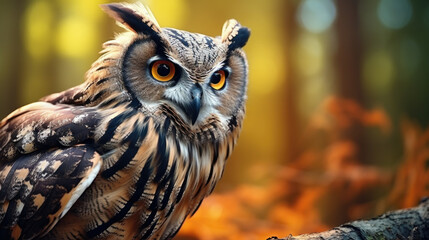 An Eurasian Eagle Owl staring at something out of shot in a woodland setting