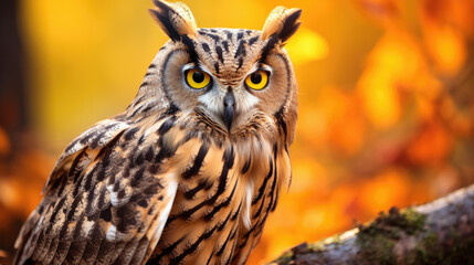 Fototapeta premium An Eurasian Eagle Owl staring at something out of shot in a woodland setting