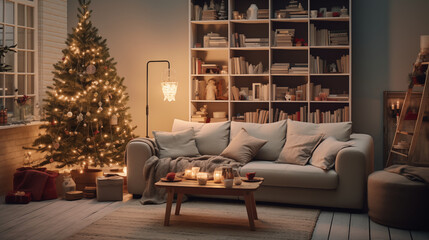 Interior of living room with christmas tree, sofa and bookshelves