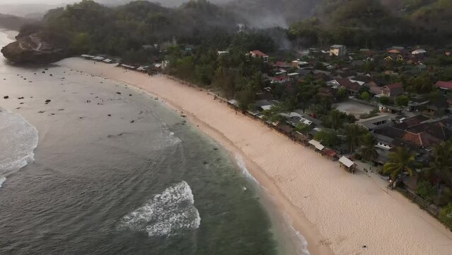 Aerial view of sunset at Watu Karung beach, Pacitan, Indonesia