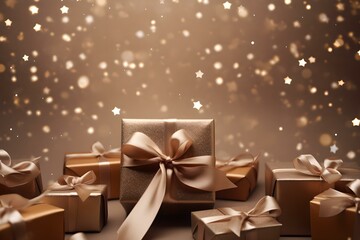Lichterglanz der Geschenke: Goldene Präsente vor festlichem Hintergrund