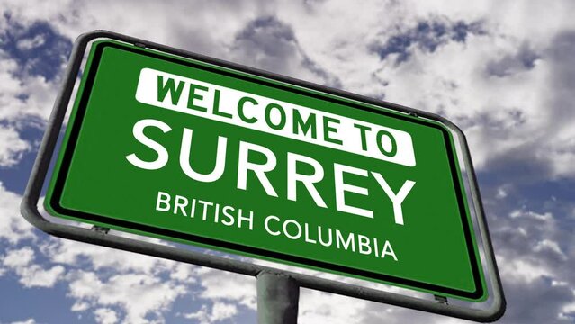 Welcome to Surrey, British Columbia. Canadian City Road Sign Realistic Animation