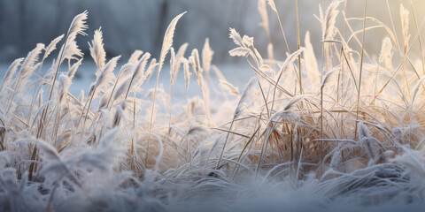 grass covered with frost on top, scene of winter. 