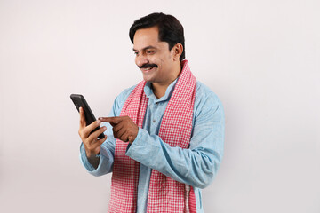 portrait of happy Indian farmer man in rural India concept. white background. Cheerful farmer...