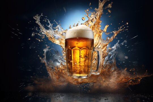 Glass of beer with splash on dark background.