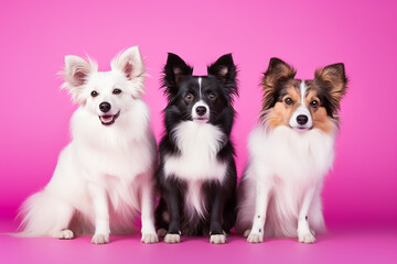 Cute well-groomed fluffy dogs on a pink background. pet store and veterinary clinic concept