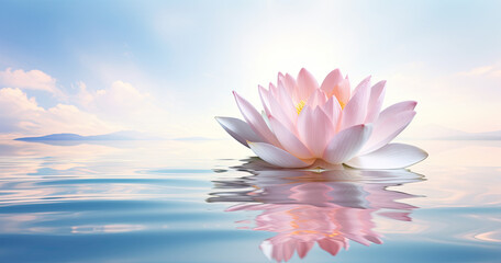 a pink lotus flower floating in a water on a clear day